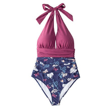 Load image into Gallery viewer, CUPSHE Navy Floral Deep V-neck Halter One-Piece Swimsuit Sexy Backless Lace Up Women Monokini 2021 Beach Bathing Suits Swimwear