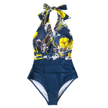 Load image into Gallery viewer, CUPSHE Navy Floral Deep V-neck Halter One-Piece Swimsuit Sexy Backless Lace Up Women Monokini 2021 Beach Bathing Suits Swimwear