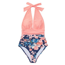 Load image into Gallery viewer, CUPSHE Navy Floral Deep V-neck Halter One-Piece Swimsuit Sexy Backless Lace Up Women Monokini 2021 Beach Bathing Suits Swimwear