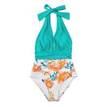 Load image into Gallery viewer, CUPSHE Navy Floral Deep V-neck Halter One-Piece Swimsuit Sexy Backless Lace Up Women Monokini 2021 Beach Bathing Suits Swimwear
