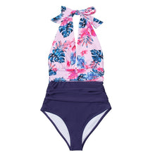 Load image into Gallery viewer, CUPSHE Navy Floral Deep V-neck Halter One-Piece Swimsuit Sexy Backless Lace Up Women Monokini 2021 Beach Bathing Suits Swimwear
