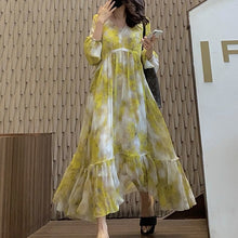 Load image into Gallery viewer, European Streetwear Ladies O-neck Party dye die Dress  Yellow Bonita Print Ruffle Swing Beach Dresses Vestido De Mujer

