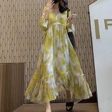 Load image into Gallery viewer, European Streetwear Ladies O-neck Party dye die Dress  Yellow Bonita Print Ruffle Swing Beach Dresses Vestido De Mujer

