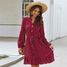 Load image into Gallery viewer, Vintage Ruffles Dot Print Dress Women Full Sleeve Stand Collar Button Slim Casual Spring Summer Dress Female 2020 New
