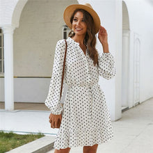 Load image into Gallery viewer, Vintage Ruffles Dot Print Dress Women Full Sleeve Stand Collar Button Slim Casual Spring Summer Dress Female 2020 New

