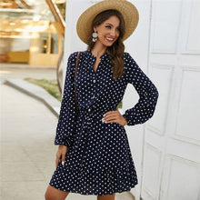 Load image into Gallery viewer, Vintage Ruffles Dot Print Dress Women Full Sleeve Stand Collar Button Slim Casual Spring Summer Dress Female 2020 New
